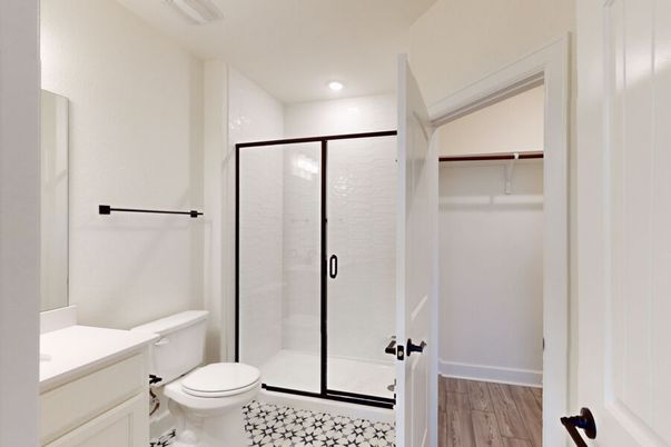 Bathroom, Glass Shower, Interior, Recessed Lighting, Wood Texture Flooring