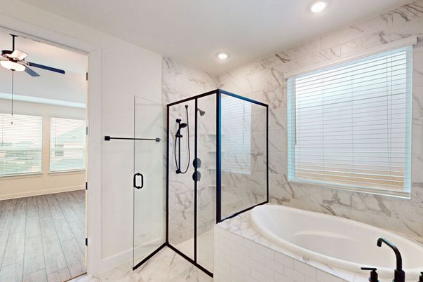 Bathroom, Glass Shower, Interior, Marble, Marble Walls, Recessed Lighting, Wood Texture Flooring