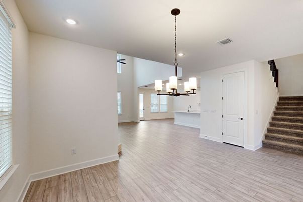 Chandelier, Empty room, Interior, Recessed Lighting, Wood Texture Flooring