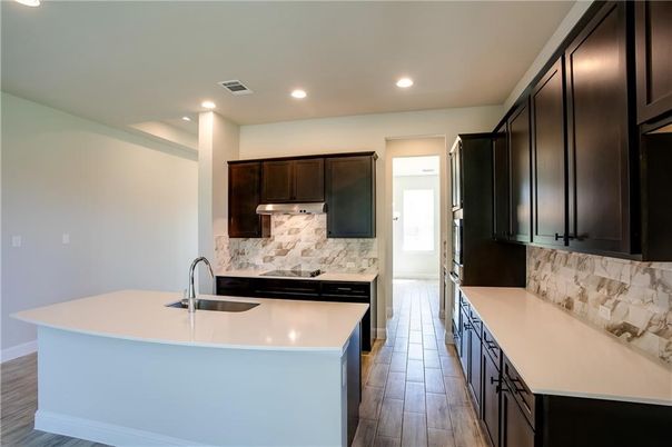 Interior, Kitchen, Marble Walls, Recessed Lighting, Wood Texture Flooring