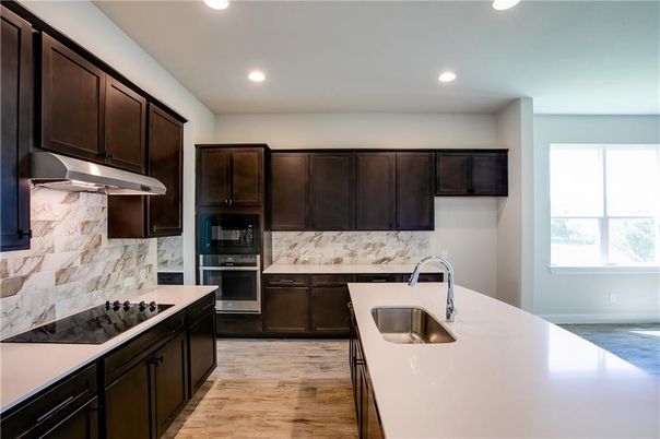 Interior, Kitchen, Marble Walls, Recessed Lighting, Wood Texture Flooring
