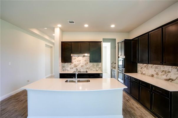 Interior, Kitchen, Marble Walls, Recessed Lighting, Wood Texture Flooring