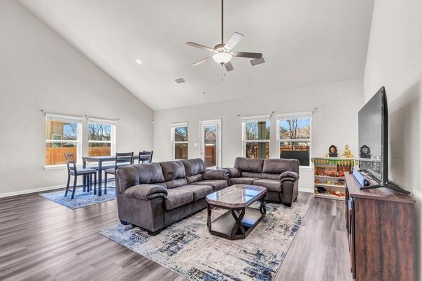 Dining room, Interior, Living room, Recessed Lighting, Wood Texture Flooring