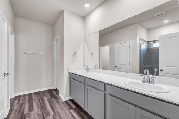 Bathroom, Dual Sink Vanities, Interior, Recessed Lighting, Wood Texture Flooring