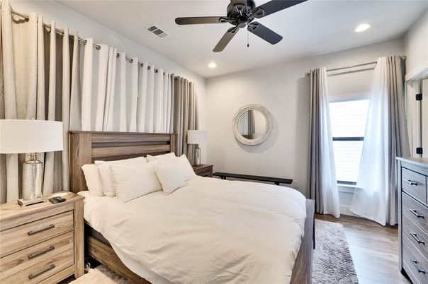 Bedroom, Interior, Recessed Lighting, Wood Texture Flooring