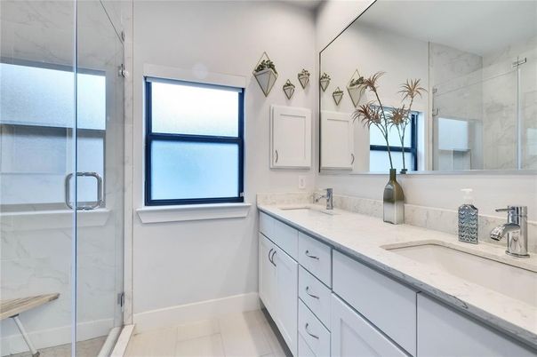 Bathroom, Dual Sink Vanities, Glass Shower, Interior, Marble Walls