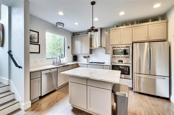 Interior, Kitchen, Pendant Lights, Recessed Lighting, Stainless Steel Appliances, Wood Texture Flooring