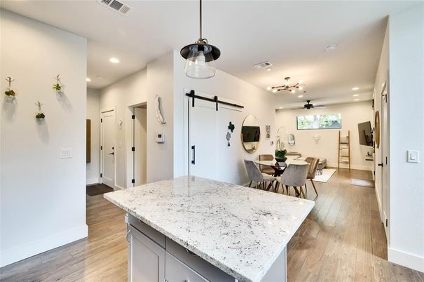 Dining room, Interior, Pendant Lights, Recessed Lighting, Wood Texture Flooring