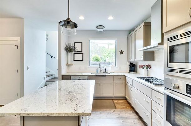 Interior, Kitchen, Pendant Lights, Recessed Lighting, Stainless Steel Appliances, Wood Texture Flooring