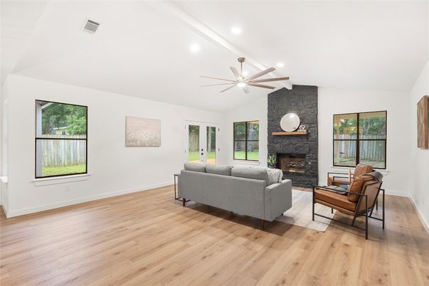 Fireplace, Interior, Living room, Recessed Lighting, Wood Texture Flooring