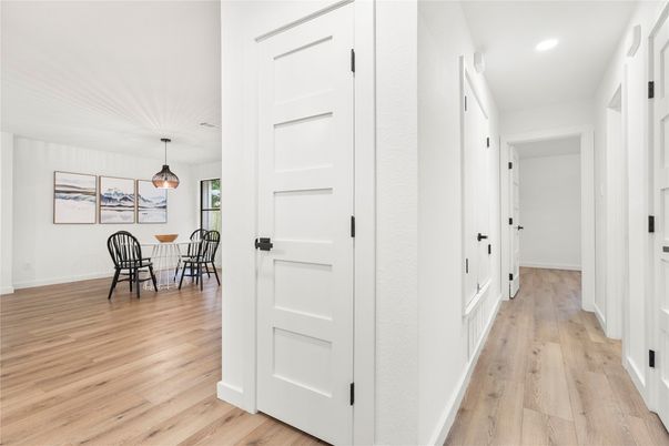 Dining room, Interior, Pendant Lights, Recessed Lighting, Wood Texture Flooring