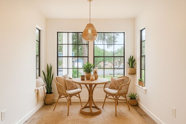 Dining room, Interior, Pendant Lights, Wood Texture Flooring