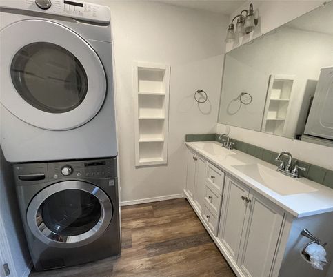 Bathroom, Dual Sink Vanities, Interior, Utility Closets, Washer, Wood Texture Flooring