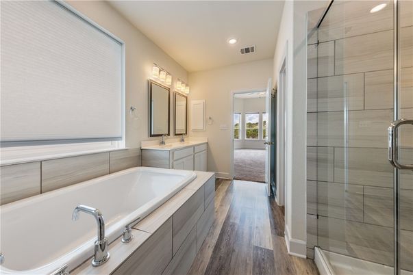 Bathroom, Glass Shower, Interior, Recessed Lighting, Wood Texture Flooring