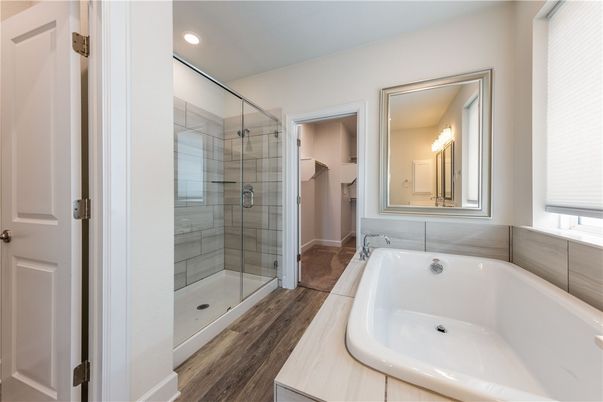 Bathroom, Glass Shower, Interior, Recessed Lighting, Wood Texture Flooring