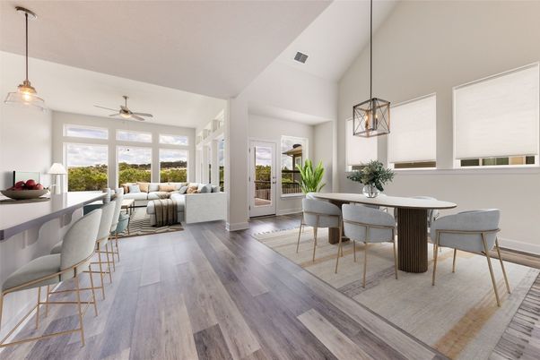 Dining room, Interior, Living room, Pendant Lights, Wood Texture Flooring