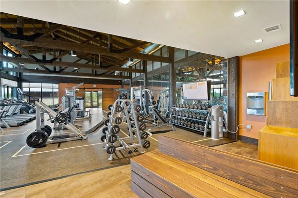 Fitness Equipment, Gym, Interior, Recessed Lighting, Wood Texture Flooring