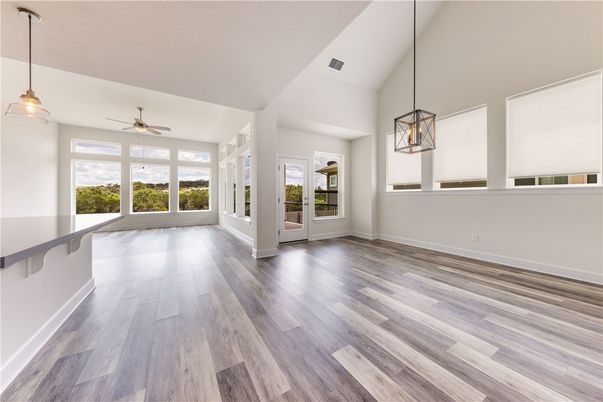Empty room, Interior, Pendant Lights, Wood Texture Flooring