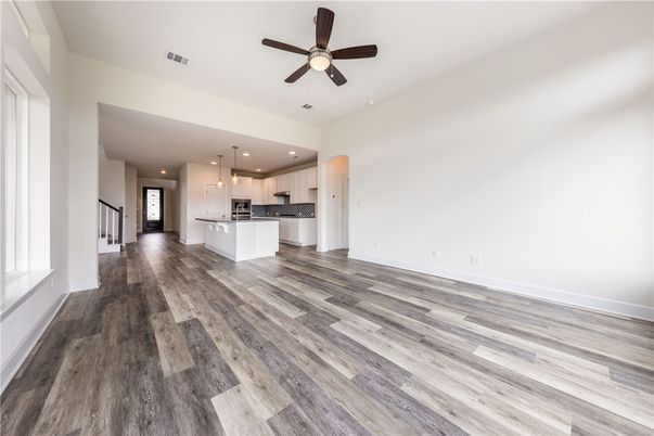Empty room, Interior, Kitchen, Pendant Lights, Recessed Lighting, Wood Texture Flooring