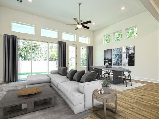 Dining room, Interior, Living room, Recessed Lighting, Wood Texture Flooring