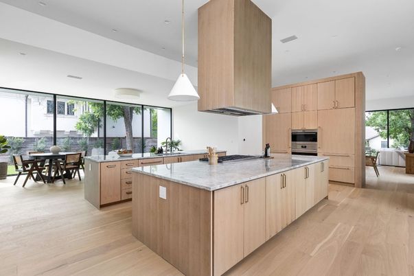 Dining room, Interior, Kitchen, Pendant Lights, Recessed Lighting, Stainless Steel Appliances, Wood Texture Flooring