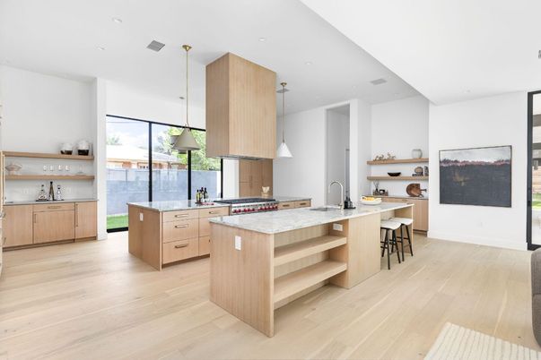 Interior, Kitchen, Pendant Lights, Recessed Lighting, Stainless Steel Appliances, Wood Texture Flooring