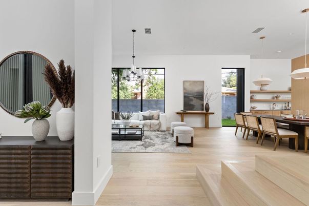 Dining room, Interior, Living room, Pendant Lights, Recessed Lighting, Wood Texture Flooring