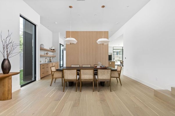 Dining room, Interior, Pendant Lights, Recessed Lighting, Wood Texture Flooring