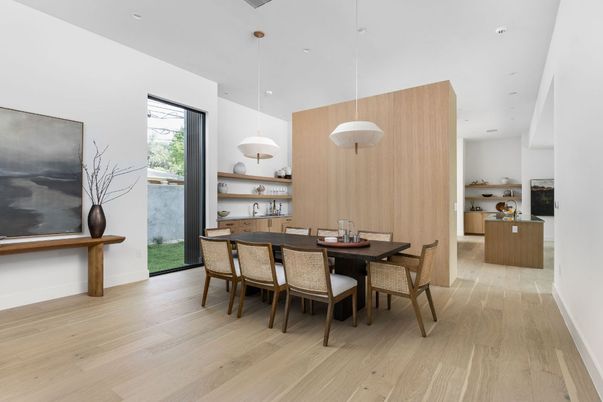 Dining room, Interior, Pendant Lights, Recessed Lighting, Wood Texture Flooring