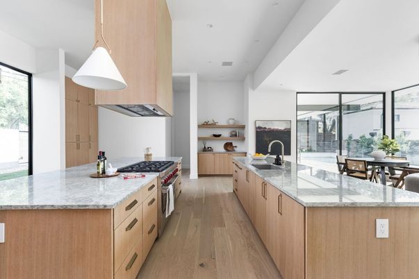 Dining room, Interior, Kitchen, Pendant Lights, Recessed Lighting, Stainless Steel Appliances, Wood Texture Flooring