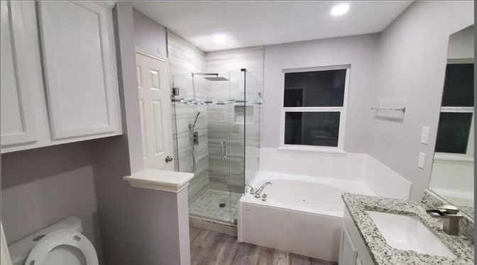 Bathroom, Glass Shower, Interior, Recessed Lighting, Wood Texture Flooring