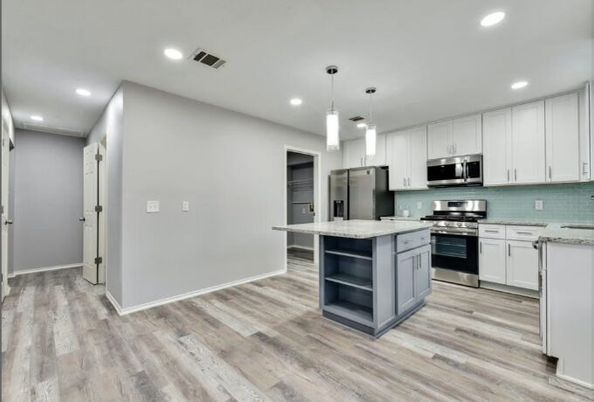 Interior, Kitchen, Pendant Lights, Recessed Lighting, Stainless Steel Appliances, Wood Texture Flooring
