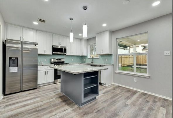 Interior, Kitchen, Pendant Lights, Recessed Lighting, Stainless Steel Appliances, Wood Texture Flooring