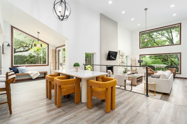 Dining room, Interior, Living room, Pendant Lights, Recessed Lighting, Wood Texture Flooring