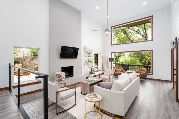 Fireplace, Interior, Living room, Recessed Lighting, Wood Texture Flooring