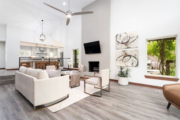 Fireplace, Interior, Kitchen, Living room, Pendant Lights, Recessed Lighting, Wood Texture Flooring