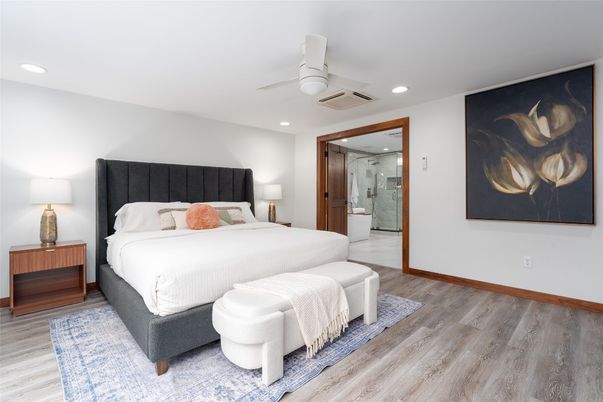 Bedroom, Interior, Recessed Lighting, Wood Texture Flooring