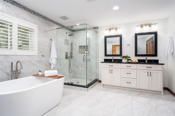 Bathroom, Dual Sink Vanities, Free Standing Baths, Glass Shower, Interior, Marble, Marble Walls, Recessed Lighting