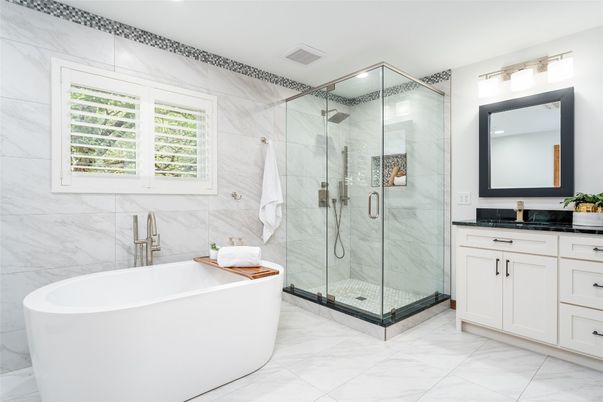 Bathroom, Free Standing Baths, Glass Shower, Interior, Marble, Marble Walls, Recessed Lighting