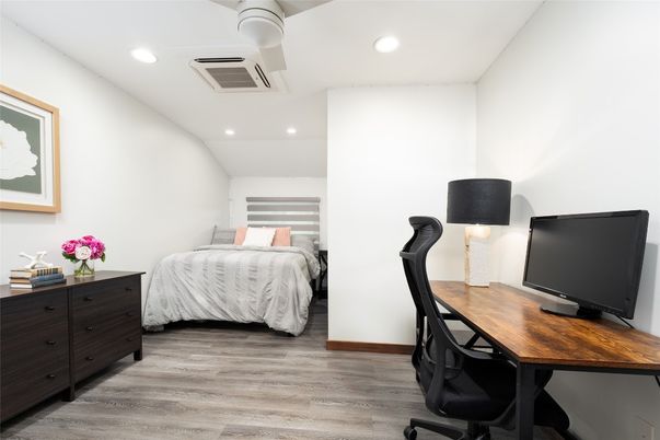 Bedroom, Home Office, Interior, Recessed Lighting, Wood Texture Flooring