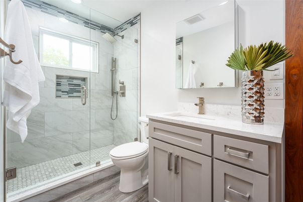 Bathroom, Glass Shower, Interior, Marble Walls, Recessed Lighting, Wood Texture Flooring