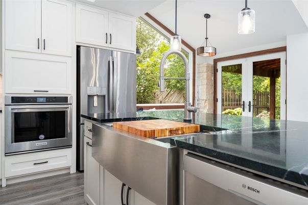 Interior, Kitchen, Pendant Lights, Stainless Steel Appliances, Wood Texture Flooring