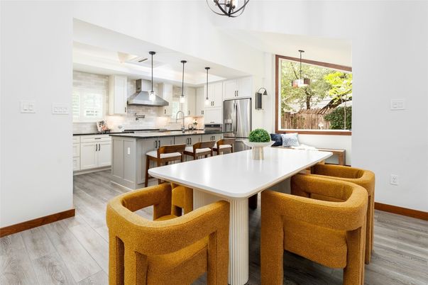 Dining room, Interior, Kitchen, Pendant Lights, Stainless Steel Appliances, Wood Texture Flooring
