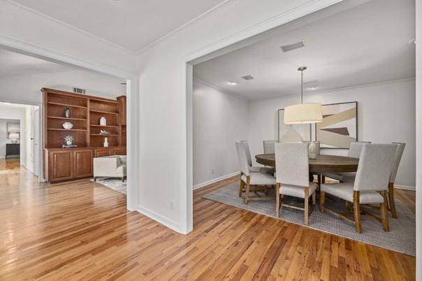 Dining room, Interior, Pendant Lights, Recessed Lighting, Wood Texture Flooring