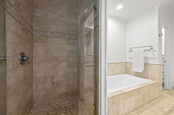Bathroom, Glass Shower, Interior, Recessed Lighting, Stone Walls