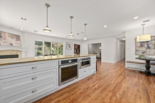 Interior, Kitchen, Pendant Lights, Recessed Lighting, Stainless Steel Appliances, Wood Texture Flooring