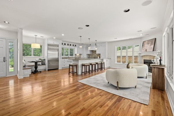 Fireplace, Interior, Kitchen, Living room, Pendant Lights, Recessed Lighting, Stainless Steel Appliances, Wood Texture Flooring