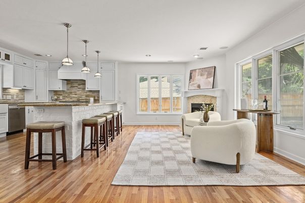Fireplace, Interior, Kitchen, Living room, Pendant Lights, Recessed Lighting, Wood Texture Flooring