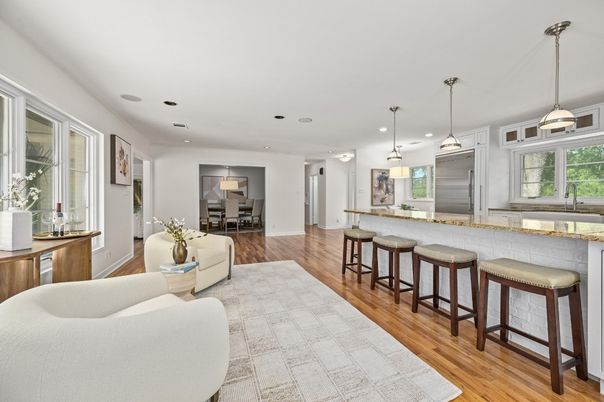 Dining room, Interior, Kitchen, Pendant Lights, Recessed Lighting, Wood Texture Flooring