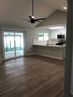 Empty room, Interior, Kitchen, Recessed Lighting, Wood Texture Flooring